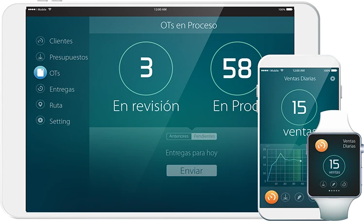 Visualización de datos de negocios en tablet, smartphone y reloj inteligente.