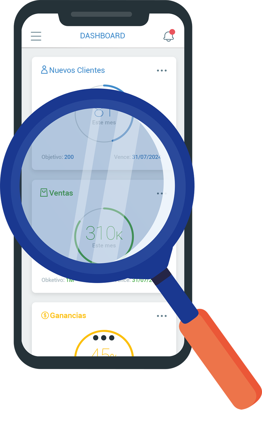 Teléfono móvil mostrando un panel de ventas y rendimiento empresarial con lupa enfocando un gráfico.
