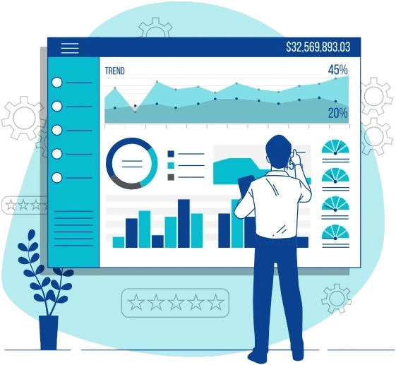 Analista revisando gráficos y estadísticas en una pantalla de software empresarial.