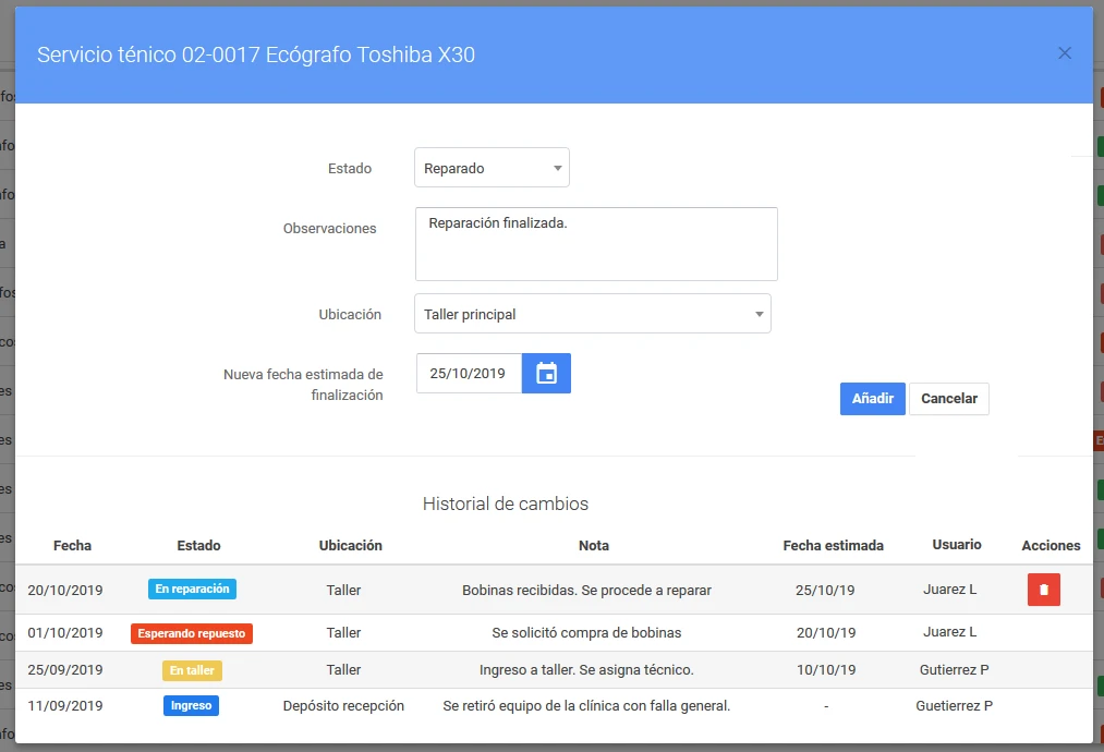 Pantalla de computadora con una interfaz de software a medida de una empresa de servicio técnico y venta de equipamiento médico. La imagen muestra un formulario de registro de estado de un equipo médico en reparación y el historial de cambios.