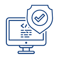 Icono de seguridad informática con un monitor de computadora con código de programación y un escudo con una marca de verificación.simbolizano tecnologías confiables y probadas.